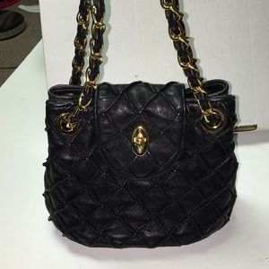 Genuine Leather Quilted Black Purse with Gold Chain